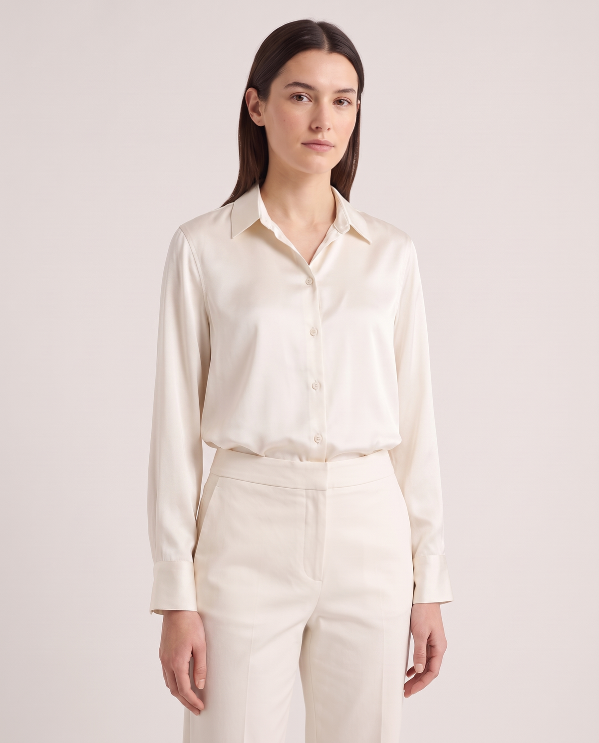 Model wearing the Satin Shirt in Ivory