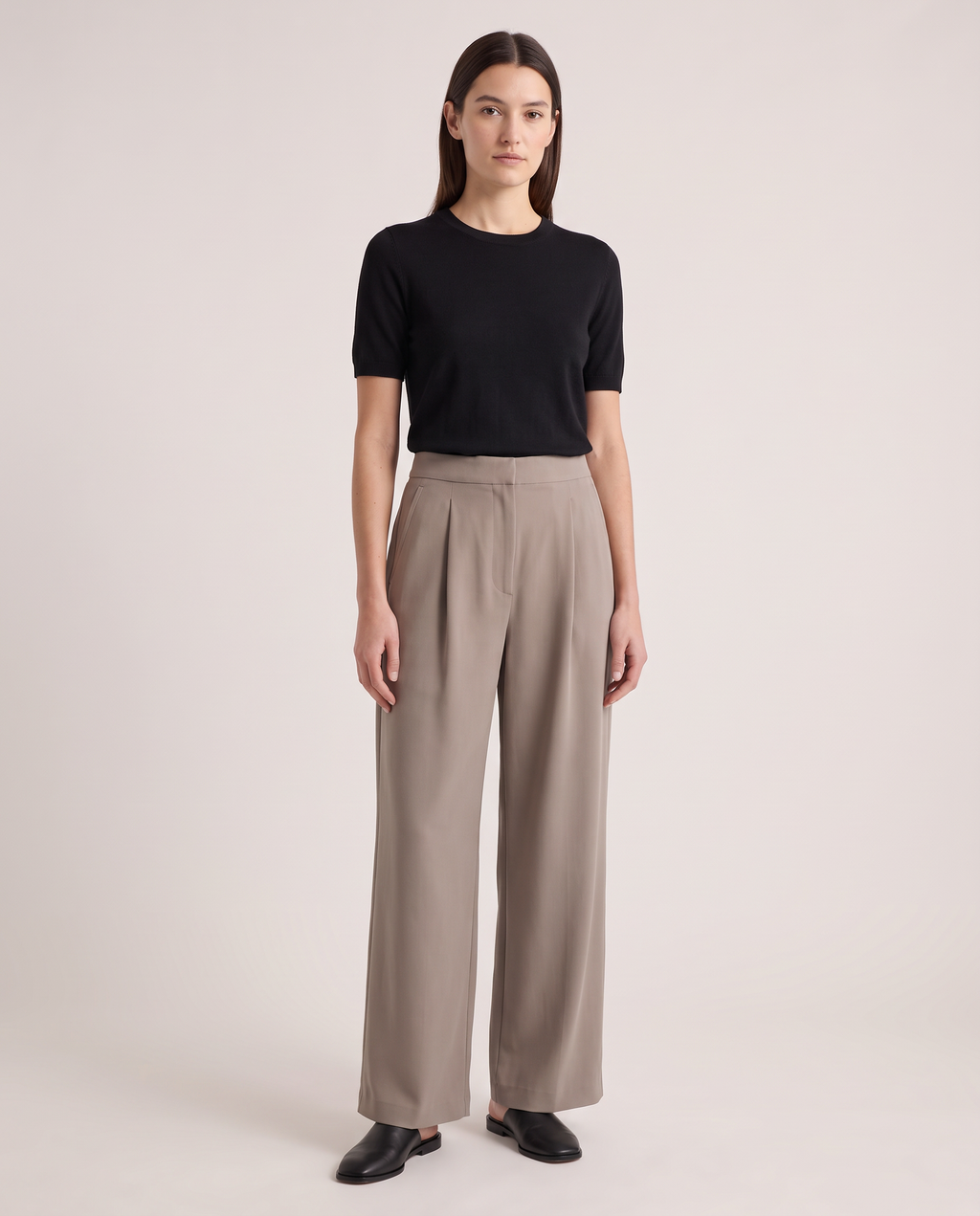 Model wearing the Wide-Leg Trousers in Taupe