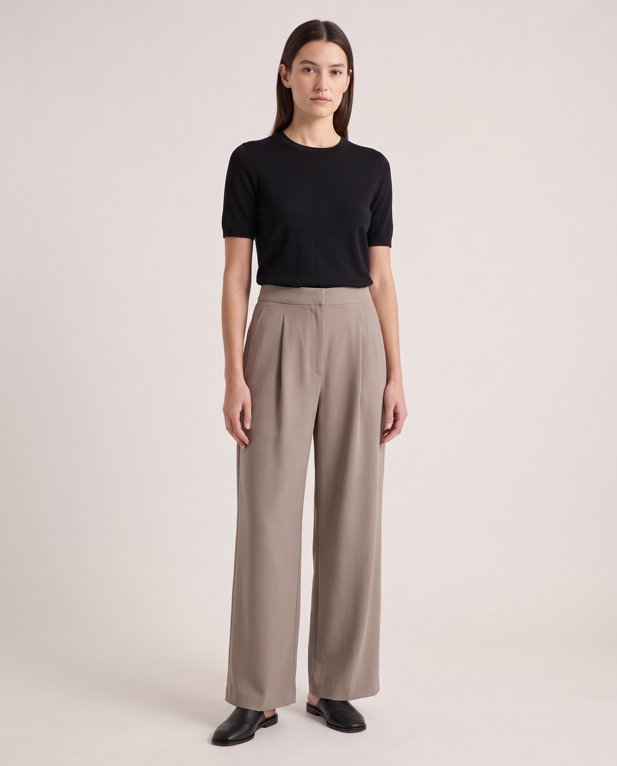 Model wearing the Wide-Leg Trousers in Taupe