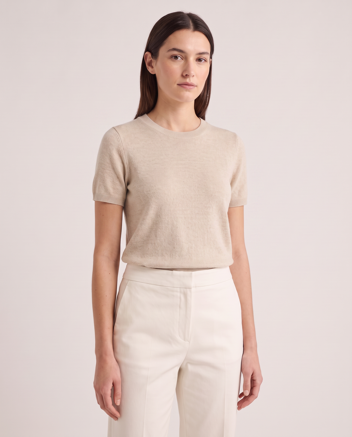 Model wearing the Fine Knit Tee in Oat