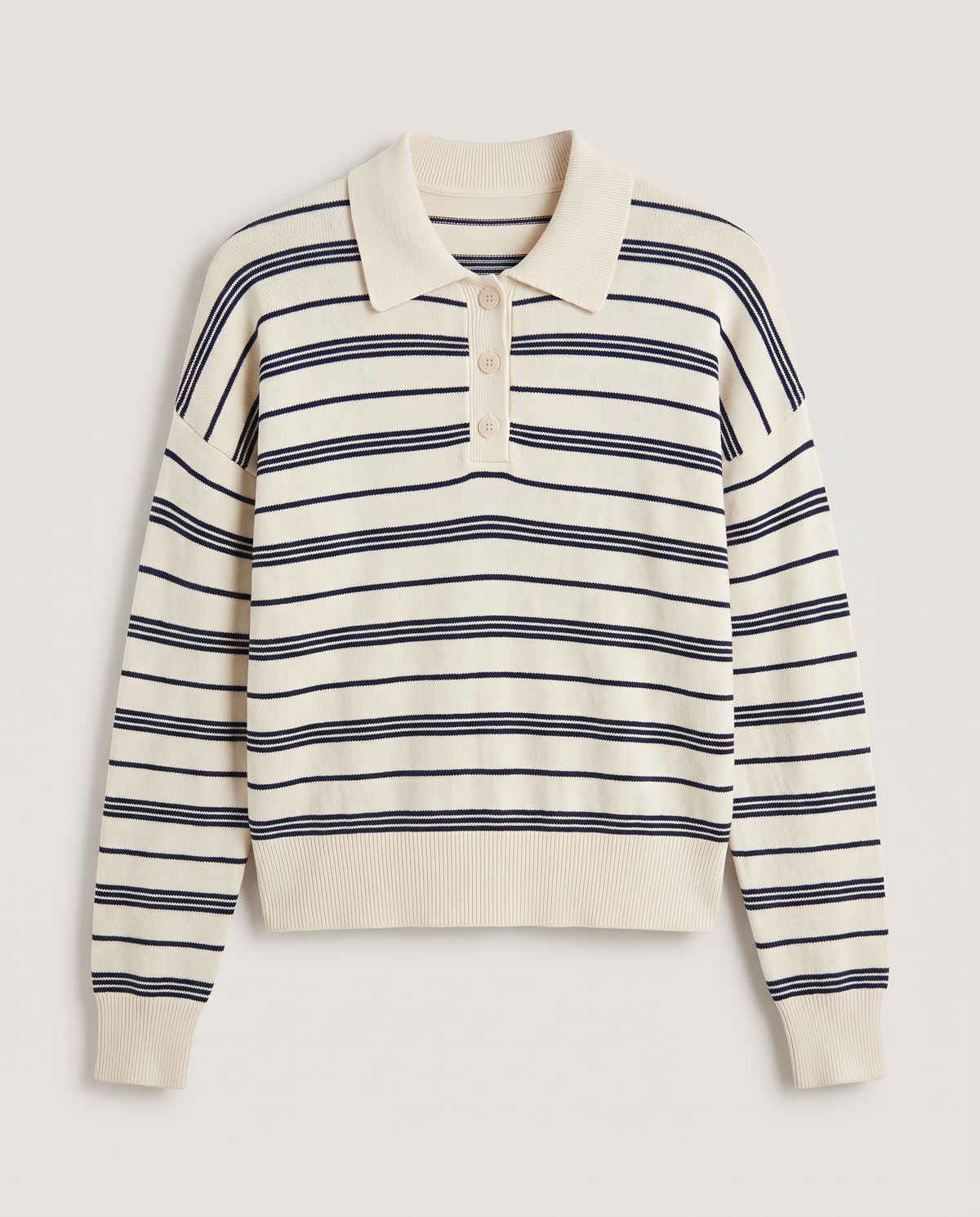 Striped Knit Polo in Ecru/Navy Stripe