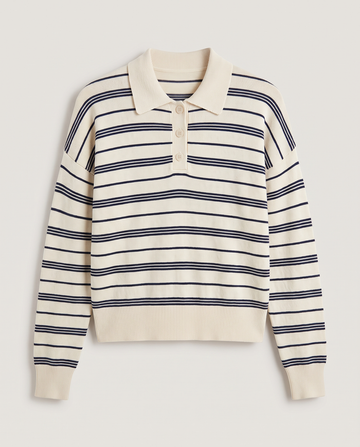 Striped Knit Polo in Ecru/Navy Stripe
