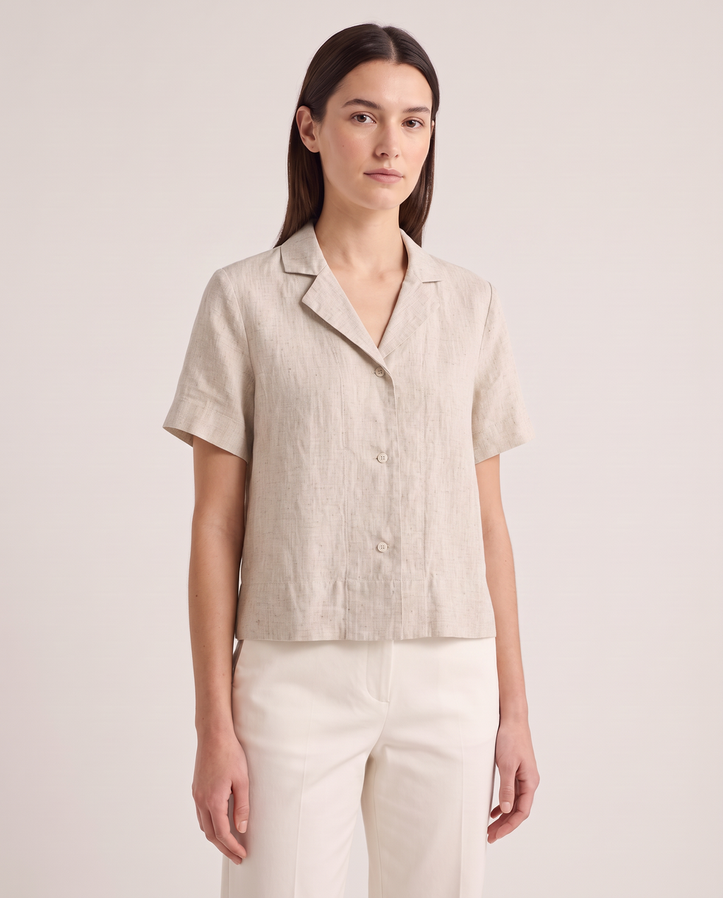 Model wearing the Linen Camp Shirt in Natural