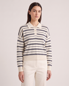 Model wearing the Striped Knit Polo in Ecru/Navy Stripe