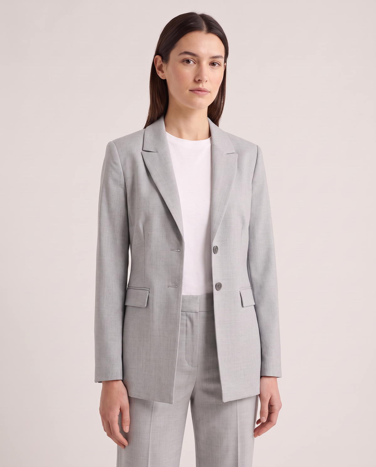 Model wearing the Single-Breasted Blazer in Grey