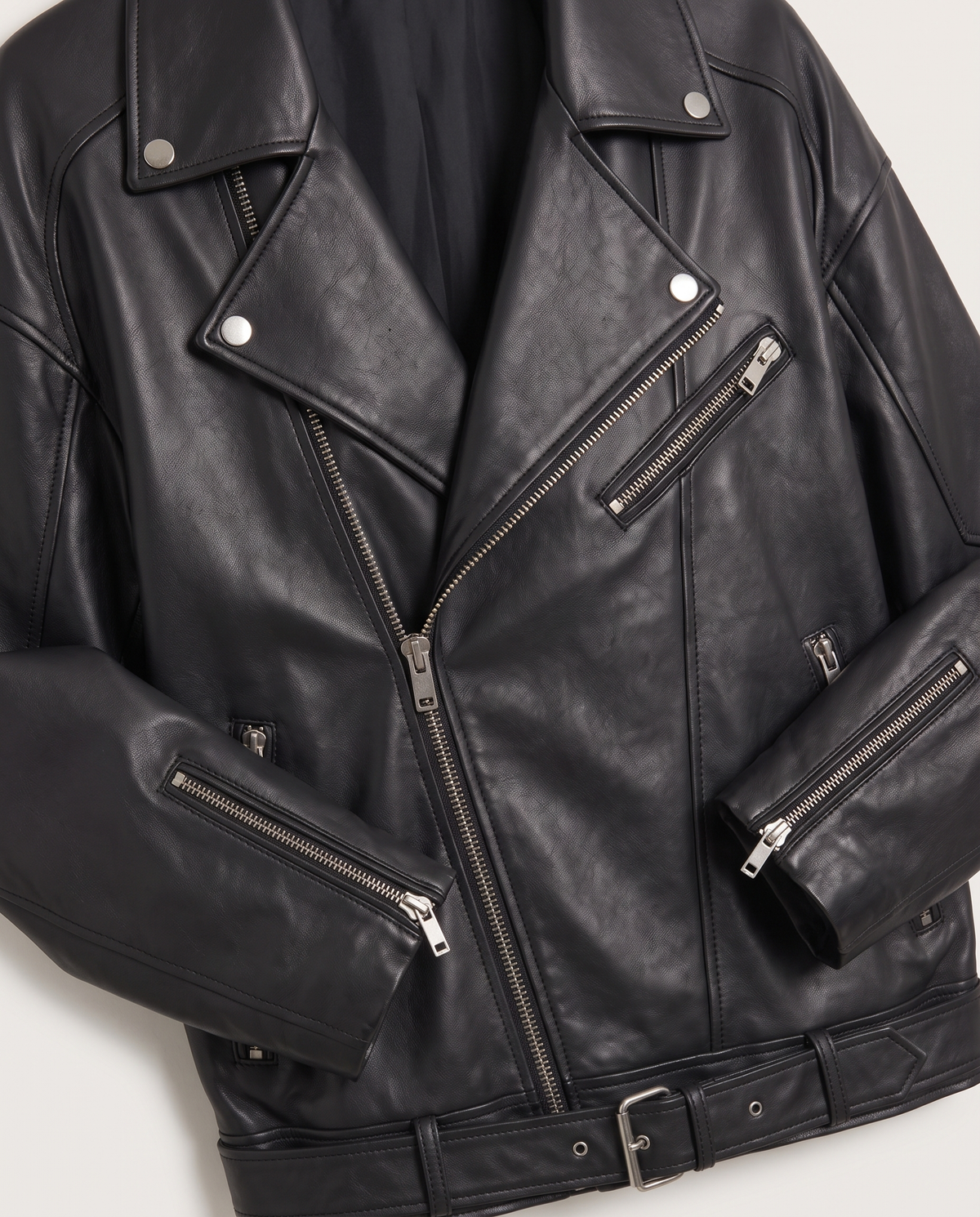 Leather Biker Jacket in Black, detail