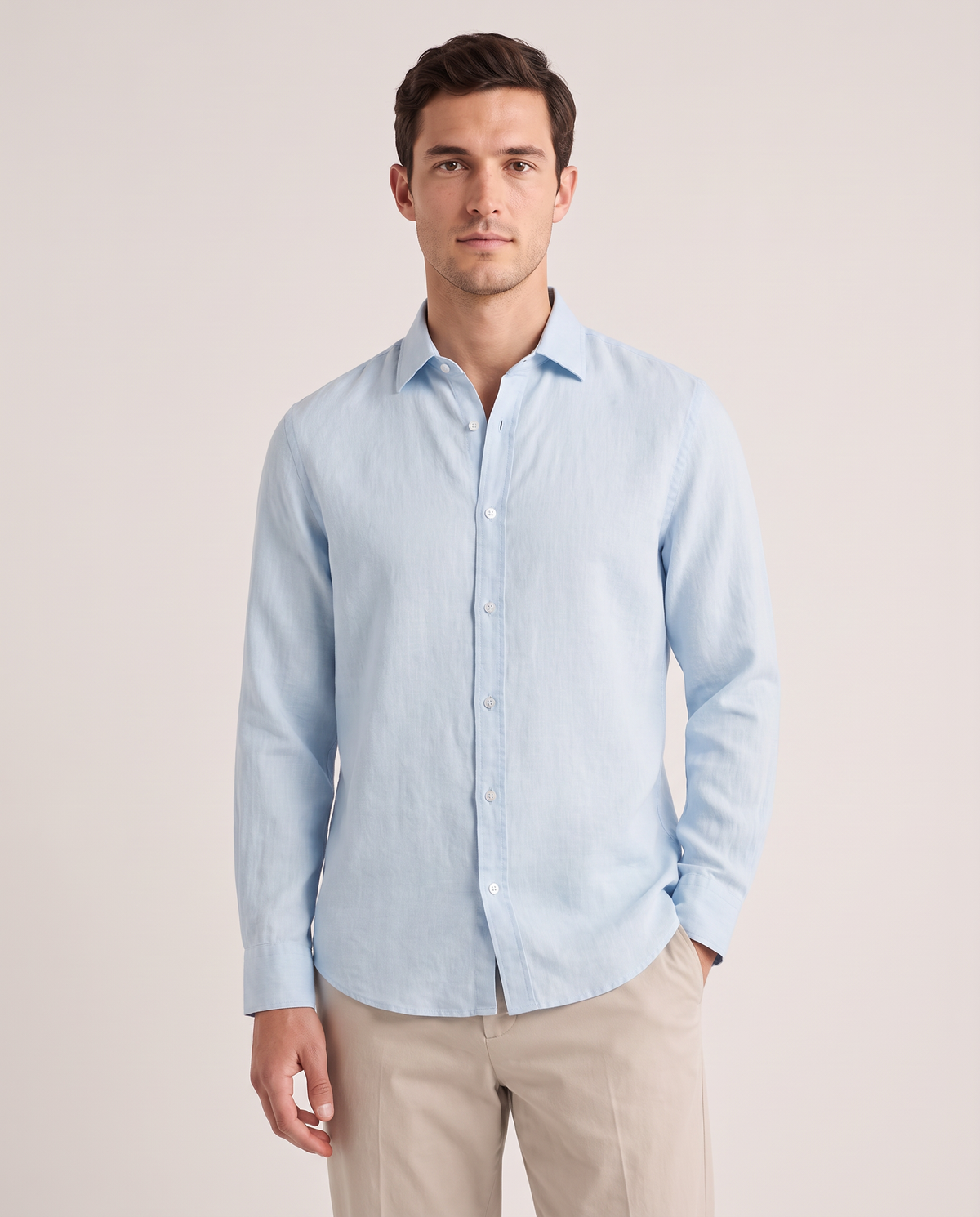 Model wearing the Linen Shirt in Light Blue