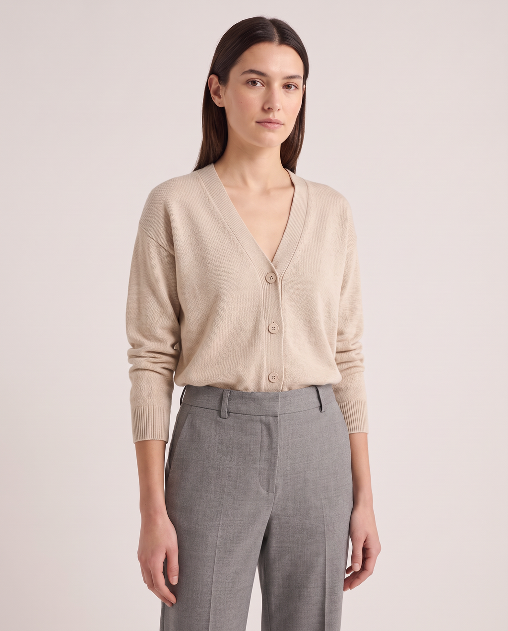 Model wearing the Knit Cardigan in Oat