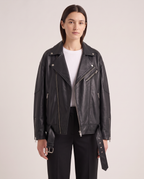 Model wearing the Leather Biker Jacket in Black