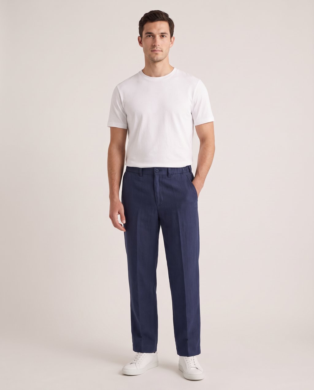 Model wearing the Linen Trousers in Navy