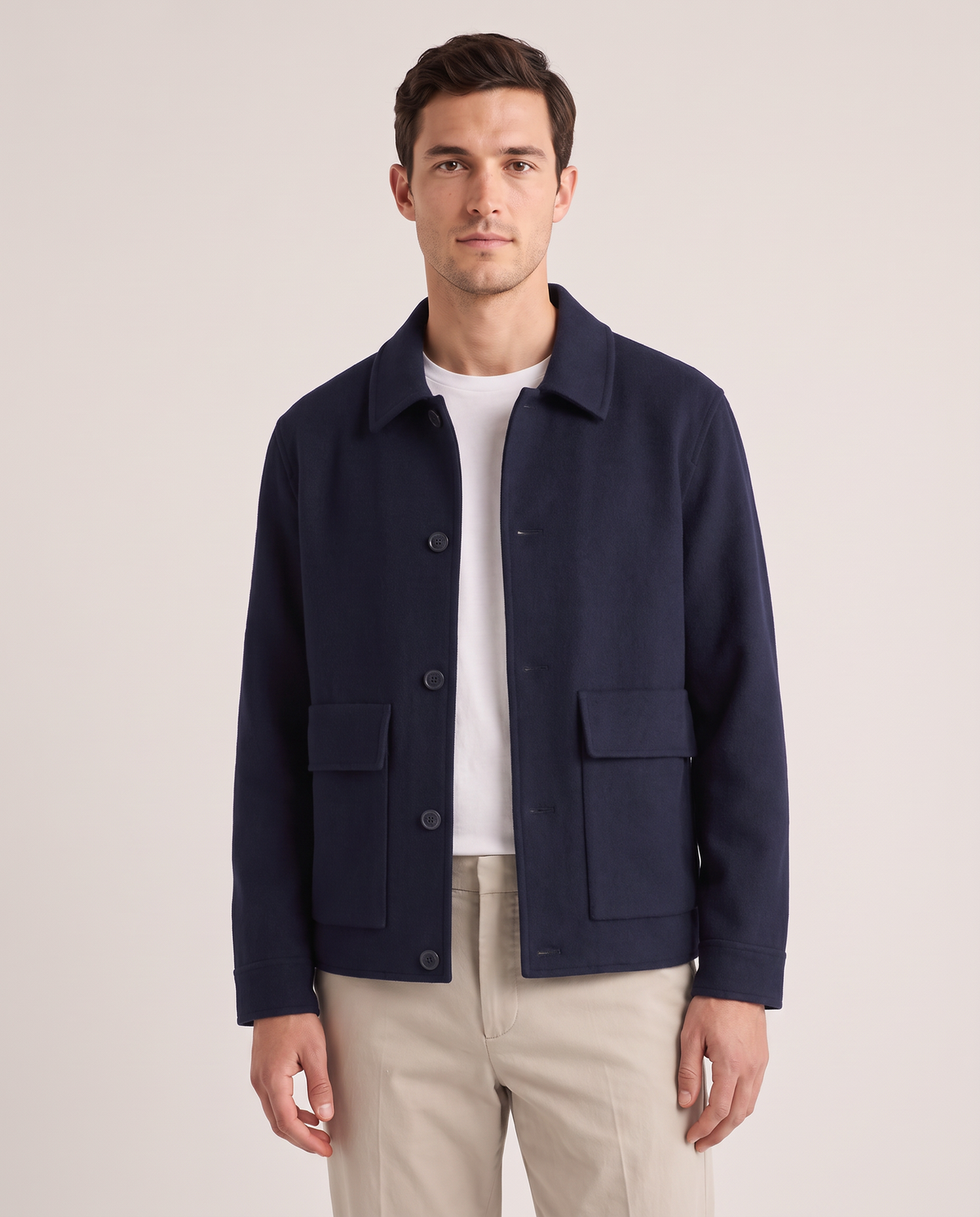 Model wearing the Wool Overshirt in Navy