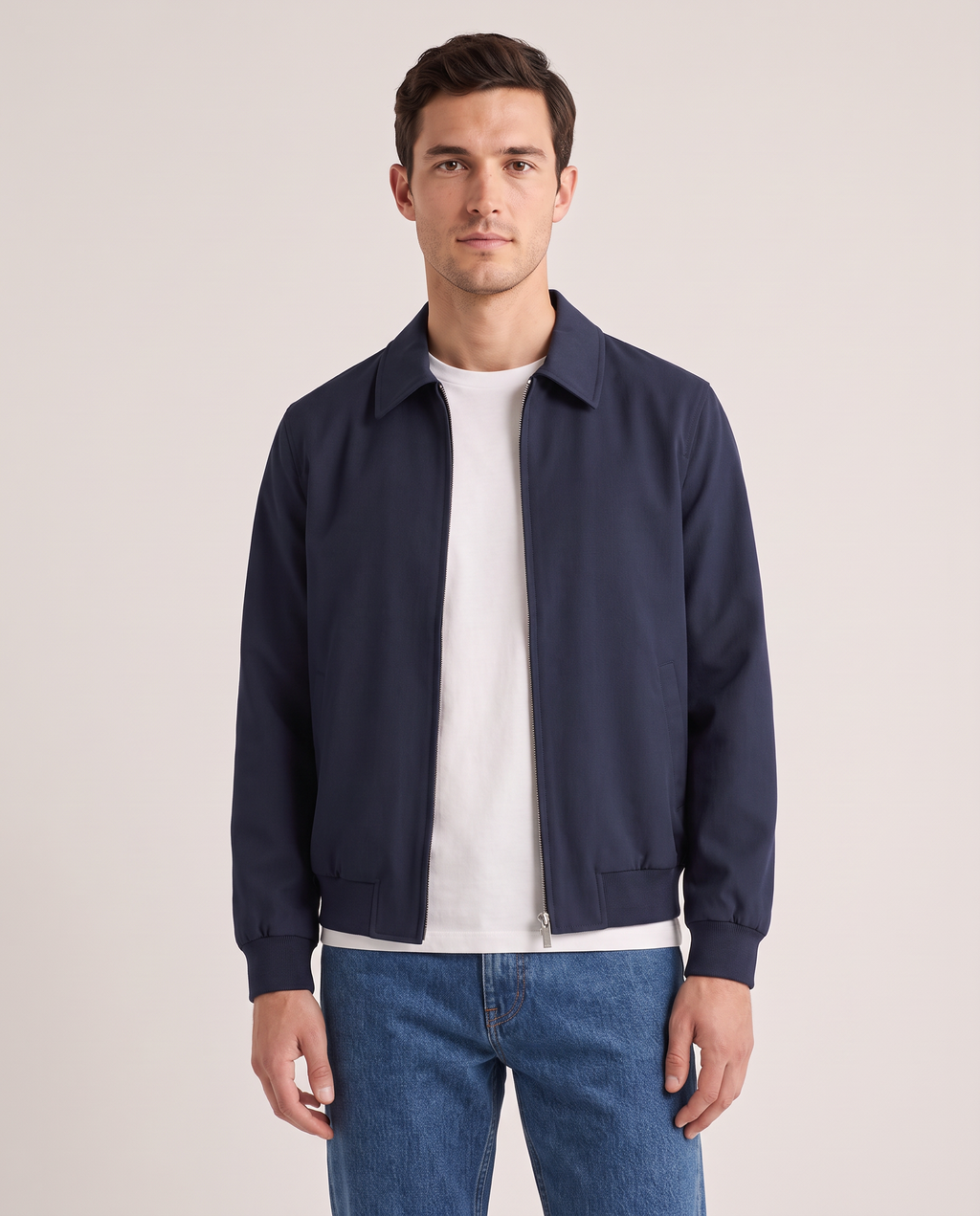 Model wearing the Harrington Jacket in Navy