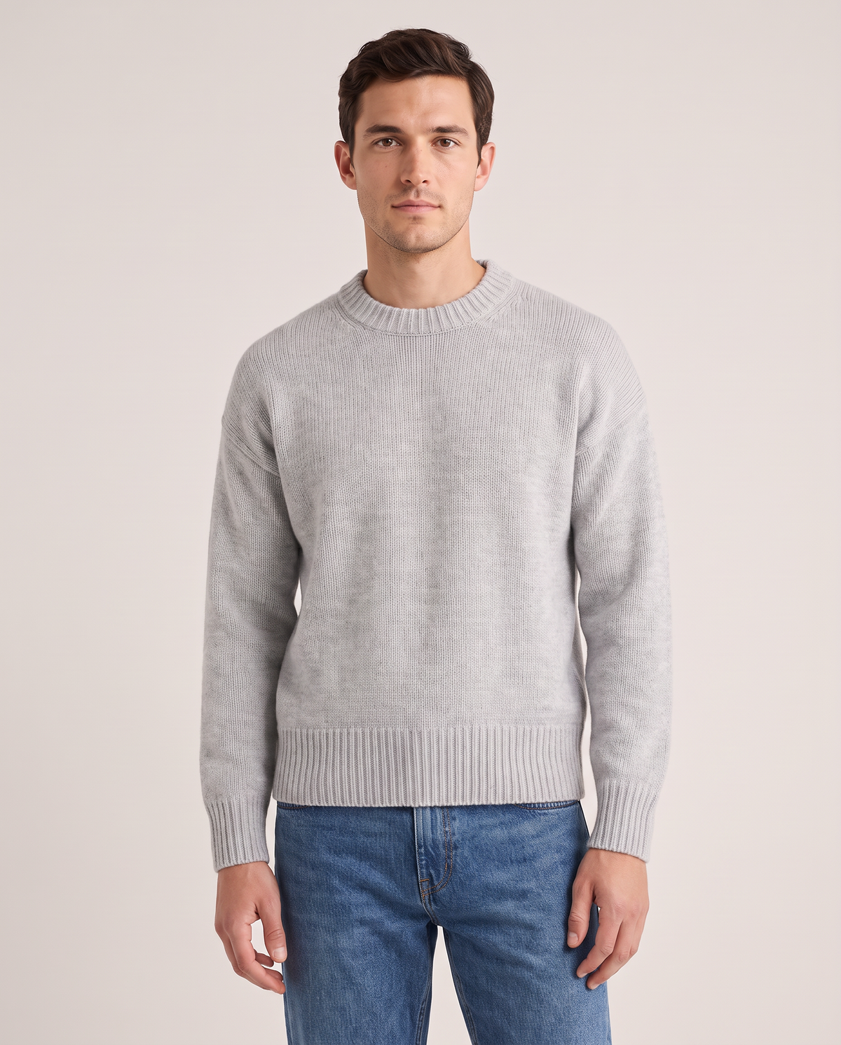 Model wearing the Crew Neck Sweater in Grey
