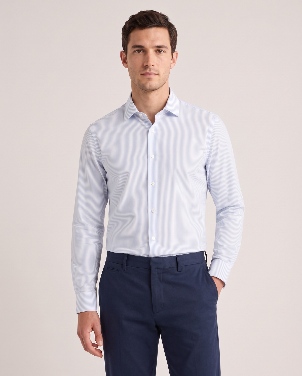 Model wearing the Striped Shirt in Blue Stripe