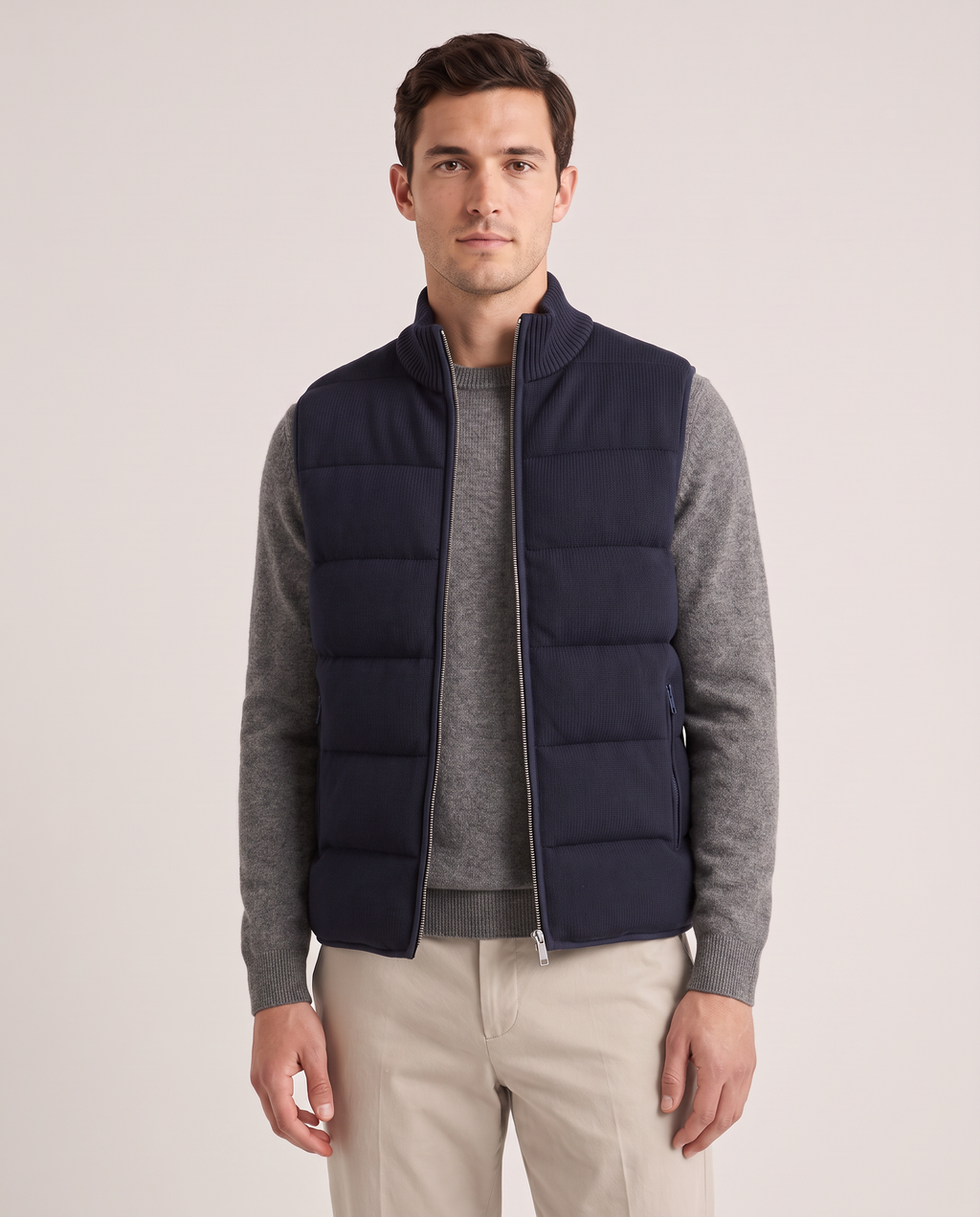 Model wearing the Padded Gilet in Navy