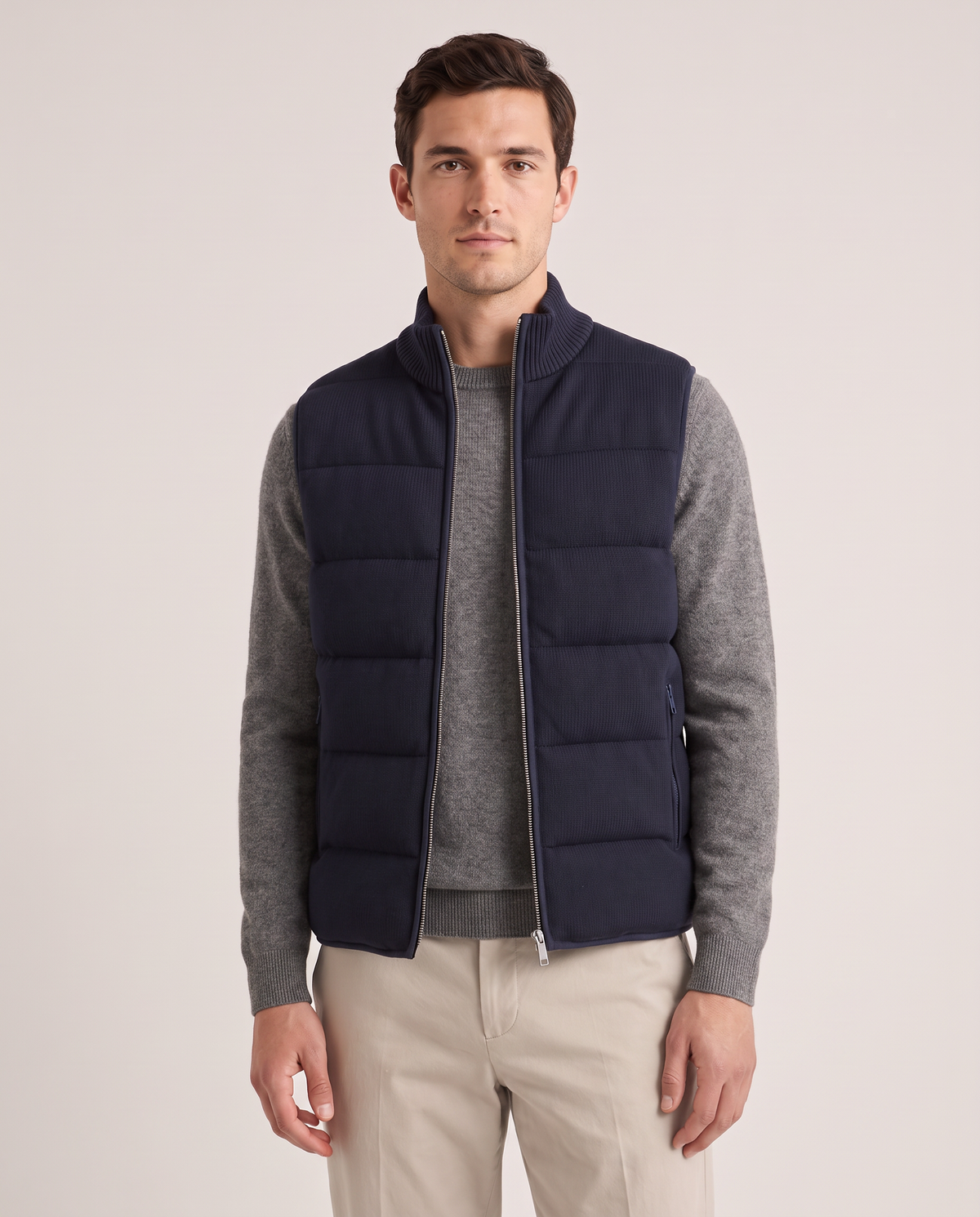 Model wearing the Padded Gilet in Navy