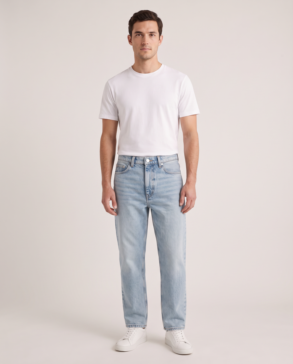 Model wearing the Relaxed Straight Jeans in Light Wash