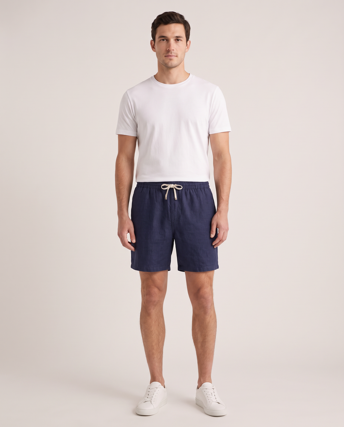 Model wearing the Linen Shorts in Navy