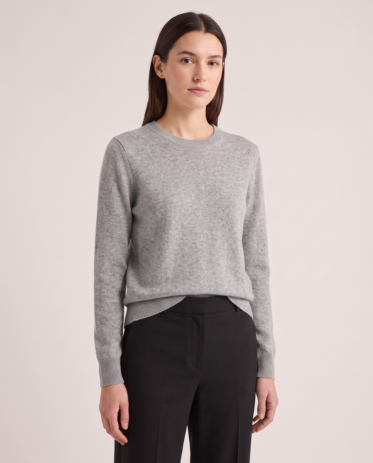 Model wearing the Cashmere Crew Sweater in Grey Melange