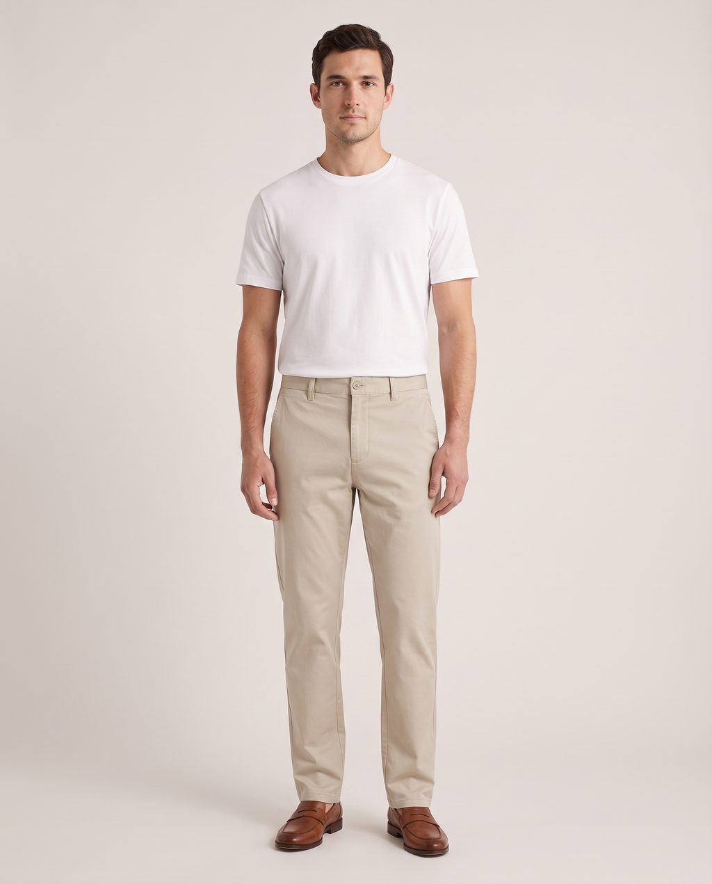 Model wearing the Straight Chino in Stone