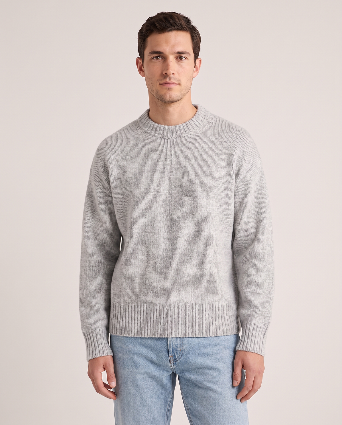 Model wearing the Chunky Crew Knit in Grey