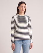 Model wearing the Breton Long Sleeve in Navy/Ecru Stripe