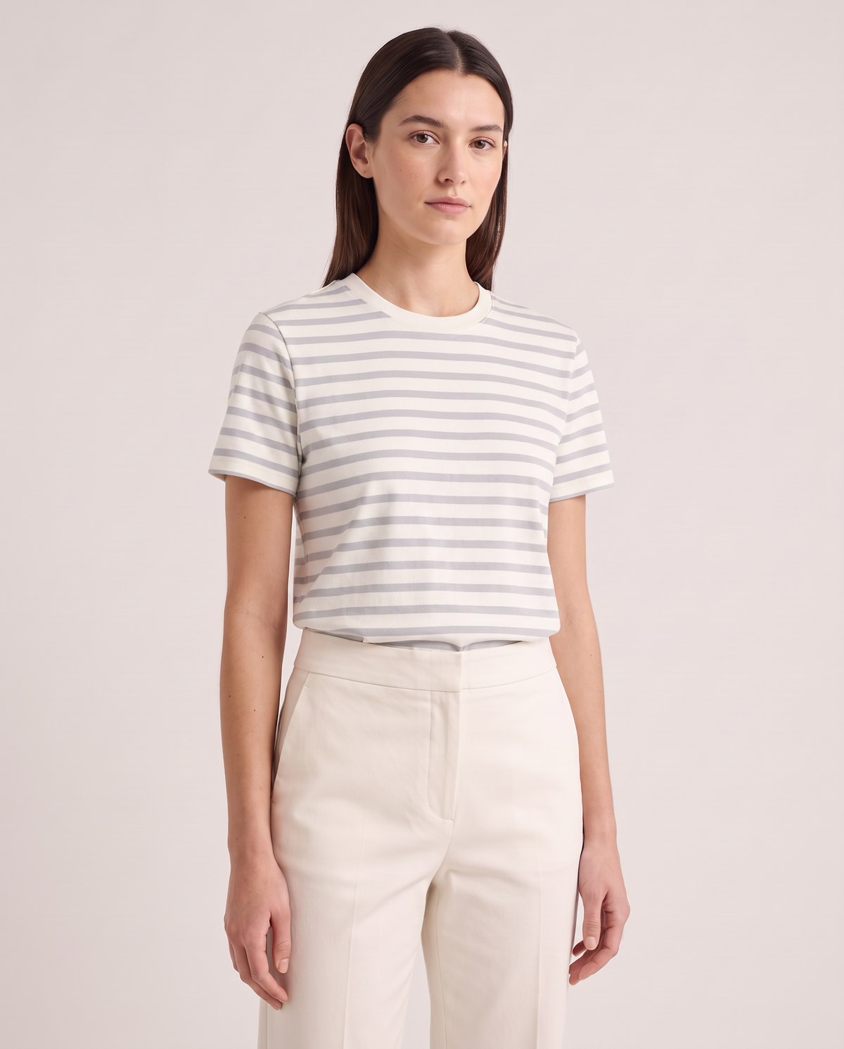 Model wearing the Striped T-Shirt in Grey/Ecru Stripe