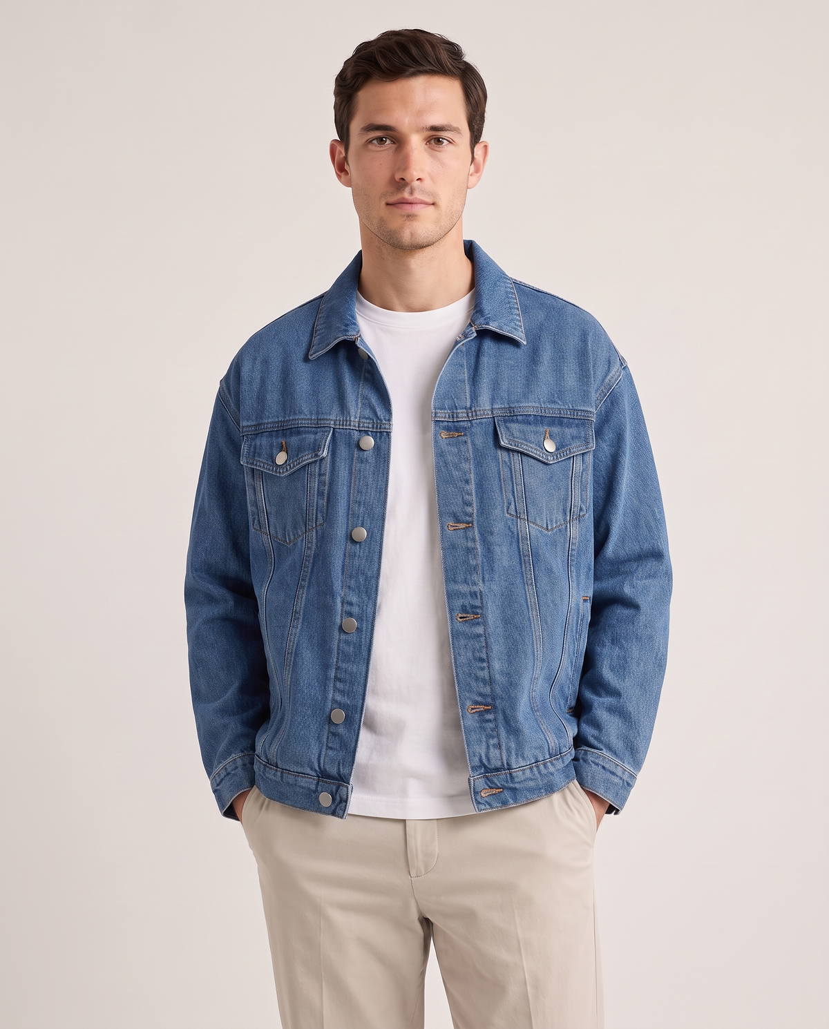 Model wearing the Denim Jacket in Mid Wash