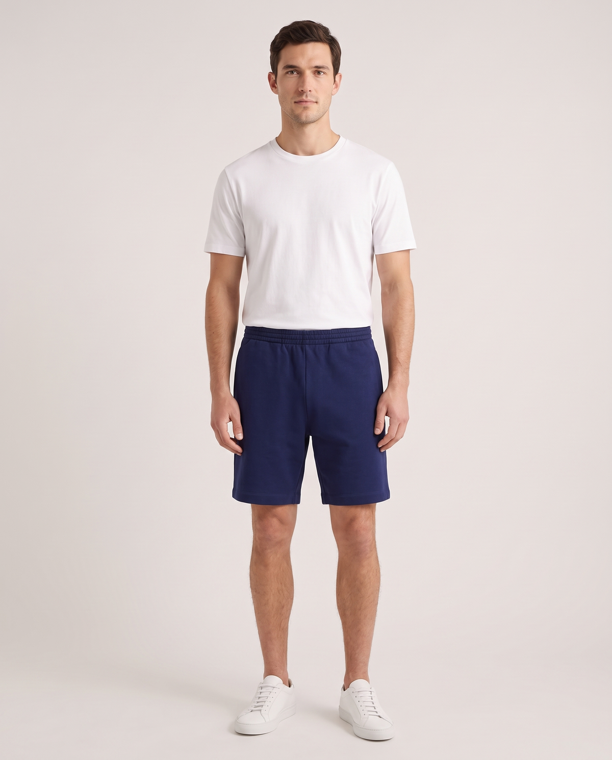Model wearing the Sweat Shorts in Navy