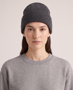 Model wearing the Ribbed Beanie in Charcoal